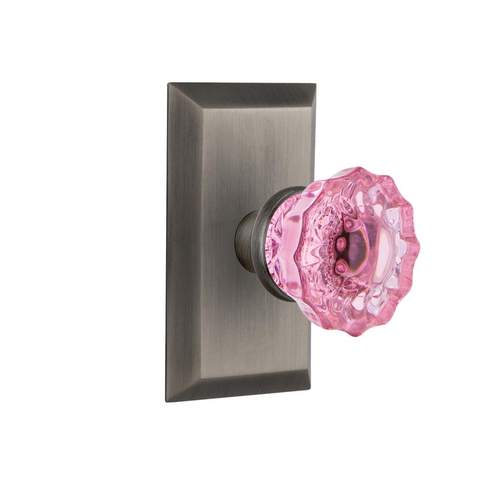 Nostalgic Warehouse STUCRP Colored Crystal Studio Plate Passage Crystal Pink Glass Door Knob in Antique Pewter
